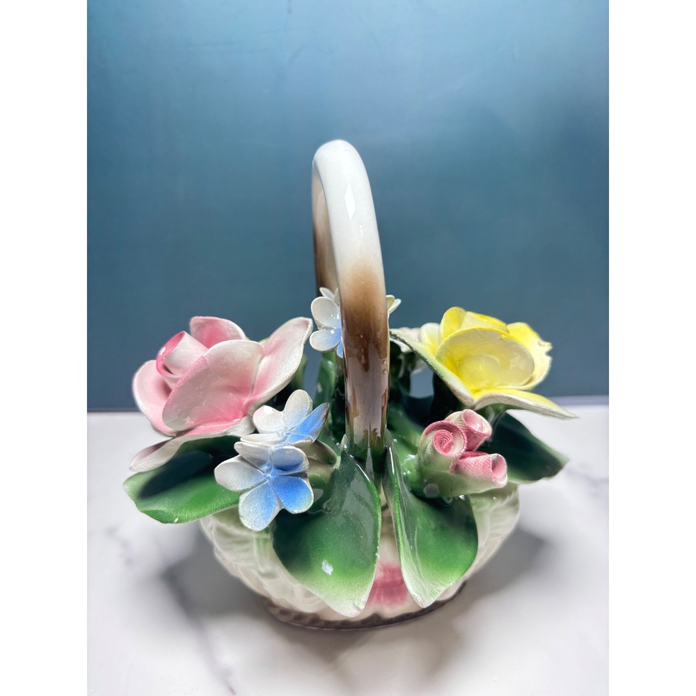 Vintage Capodimonte Ceramic Floral Basket Figurine Pink Yellow Roses Blue